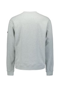 Lichtgrijze trui met een ronde hals, lange mouwen en geribbelde manchetten, gemaakt van zacht, gestructureerd materiaal met een label aan de linkermouw.