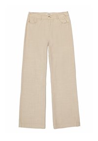 Pantalones de lino beige de pierna ancha con cierre de botón frontal, dos bolsillos frontales y una textura suave. Diseño sencillo sin patrones.