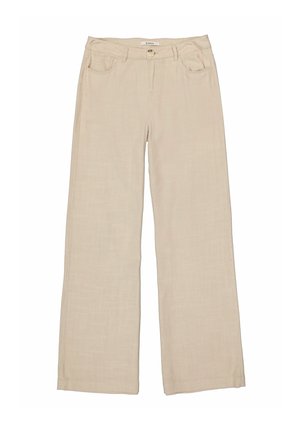 Beige linnen wijde broek met een knoopsluiting aan de voorkant, twee voorzakken en een gladde textuur. Eenvoudig ontwerp zonder patronen.