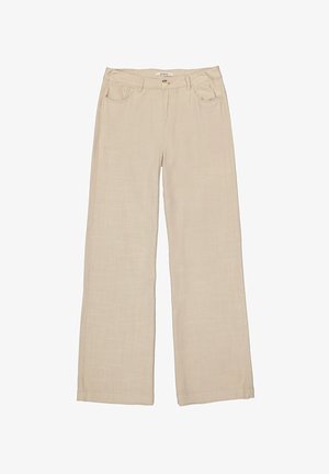 Beige Leinenweite-Hosen mit einem vorderen Knopfverschluss, zwei vorderen Taschen und einer glatten Textur. Einfaches Design ohne Muster.