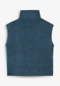 Chaleco sin mangas de cuello alto en azul oscuro, hecho de un material de punto suave. Presenta un cuello y un dobladillo acanalados con una textura suave en todo el tejido.