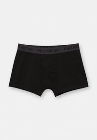 Črne bombažne bokserice z temno sivo elastično pasom, ki nosi logotip "PULL&BEAR". Preprost dizajn, brez vzorcev ali dodatkov.