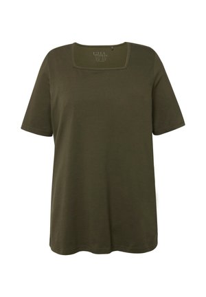 Olive green short-sleeve T-shirt with a square neckline, made from soft material, featuring a relaxed fit and no visible patterns or accents.