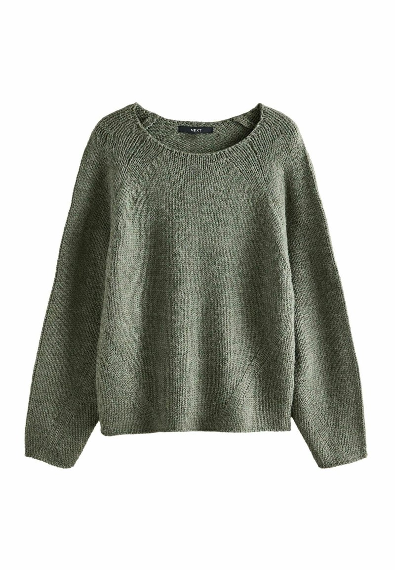 Pull en maille vert olive, doté d'un col rond, d'une coupe décontractée et d'un tissu texturé avec des accents de couture diagonale.