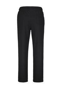 Pantaloni da tuta neri in cotone con vita elasticizzata, gamba dritta e una tasca sul retro. Tessuto liscio senza motivi visibili.