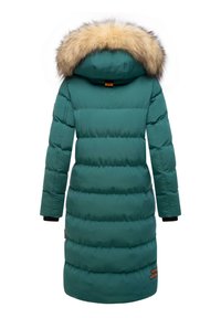 Zelena napihnjena bunda s odstranljivo kapuco iz umetnega krzna. Ponuja quiltano zasnovo, elastične manšete in dva stranska žepa z blagovno znamko.