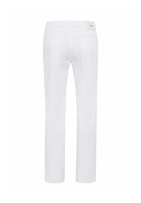 Pantalon blanc droit vu de dos avec deux poches arrière et une petite étiquette de marque à la ceinture.
