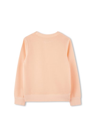 Perzikkleurige pullover sweatshirt met ronde hals, lange mouwen en geribde manchetten. Gladde textuur en minimalistisch ontwerp zonder zichtbare logo's of patronen.