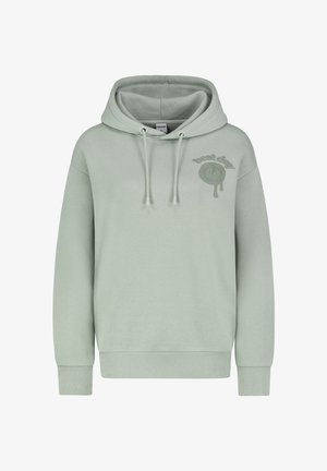 Helles grünes Kapuzensweatshirt aus weichem Stoff, mit einem Frontdruck, der "bester Tag" sagt. Mit Kordelzügen und gerippten Bündchen.