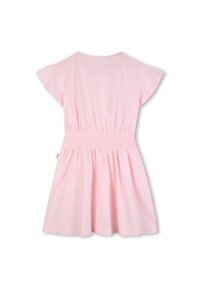 Φόρεμα από βαμβάκι σε ανοιχτό ροζ χρώμα με κοντά μανίκια-φτερά, ελαστική μέση με σφηκοφωλιά και φαρδιά φούστα. Ομαλή υφή, απλός σχεδιασμός χωρίς σχέδια.