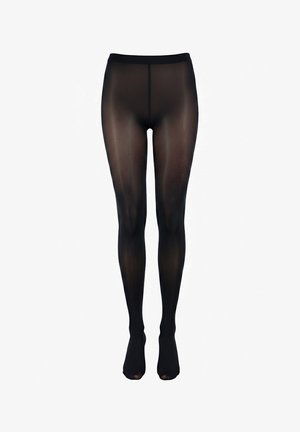 Collants noirs transparents avec une ceinture et des orteils renforcés, présentés sur un fond blanc.