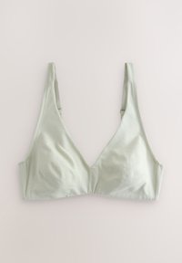 Bralette en tissu doux vert clair avec bretelles fines réglables et un design simple sans armature en forme de triangle, posé à plat.