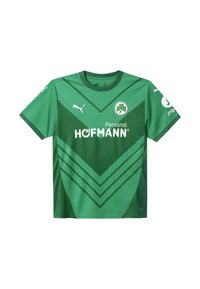 Zaļš sporta džersijs, kas izgatavots no elpojoša auduma, ar V formas dizainu, divām zaļām krāsām, Puma logo un tekstu "HOFMANN".