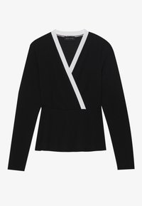 Top avvolgente nero a maniche lunghe con bordo bianco lungo il colletto, vita aderente e scollatura a V, disteso su uno sfondo bianco.