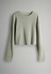 Gaiši zaļa īsa piedurkņu tops ar garām piedurknēm, izgatavots no ribota auduma. Tam ir apaļa kakla izgriezums un brīvs plecu šuvums.