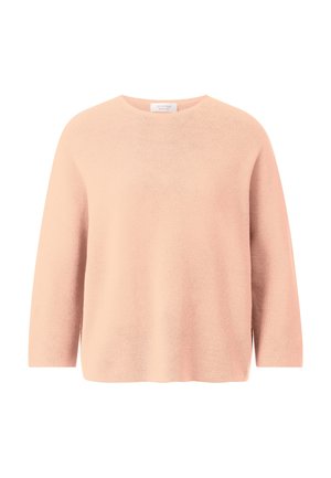 Hele-roosa pikakäise kudumiga kampsun ümmarguse kaelusega ja pehme, veidi tekstureeritud kangaga.