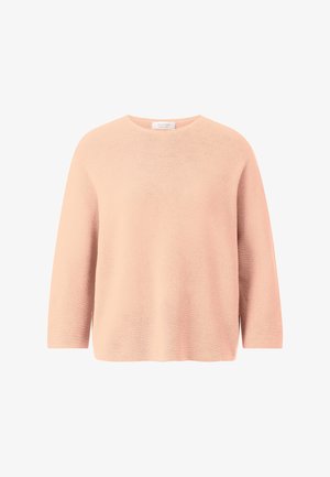 Pulover roz pal cu mâneci lungi, tricotat, cu gât rotund și material moale, ușor texturat.