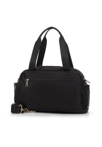 Sac à main en nylon noir avec double anses, bandoulière, poches zippées et quincaillerie dorée. Texture lisse, forme rectangulaire.