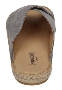 Gray suede espadrille with a rounded, open-toe design. Jute trim along the sole. Textured insole features brand logo. Simple, flat construction.