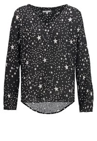 Blouse noire à manches longues avec un décolleté en V, fabriquée dans un matériau léger avec un motif d'étoiles blanches de tailles variées.