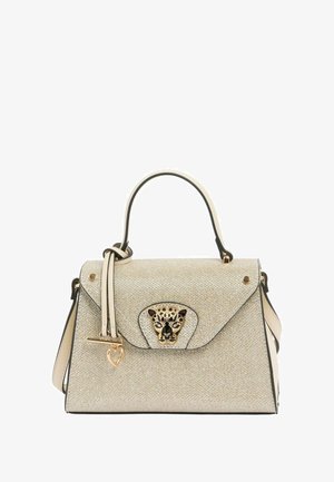 Beige tekstureret håndtaske med guld accenter, der har et leopardhoved beslag, top-håndtag og justerbar skulderrem.