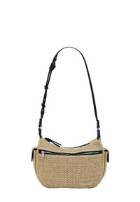 Borsa a tracolla intrecciata in paglia con accenti in faux pelle nera, tasca anteriore con zip e tracolla regolabile, caratterizzata da una finitura testurizzata.