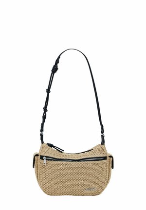 Borsa a tracolla intrecciata in paglia con accenti in faux pelle nera, tasca anteriore con zip e tracolla regolabile, caratterizzata da una finitura testurizzata.