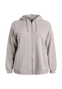 Felpa con cappuccio grigio chiaro con zip frontale, cappuccio con coulisse e polsini a coste. Realizzata in tessuto morbido e confortevole, con vestibilità comoda.