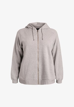 Jasnoszara bluza z kapturem na zamek, z przednim zamkiem błyskawicznym, kapturem ze ściągaczem i ściągaczami na rękawach. Wykonana z miękkiego, komfortowego materiału, o luźnym kroju.