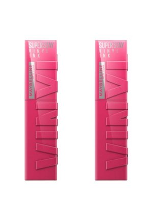 Deux tubes de produit à lèvres rose avec une finition brillante et une inscription en relief. Les étiquettes indiquent "Super Stay Vinyl Ink" et "Maybelline."