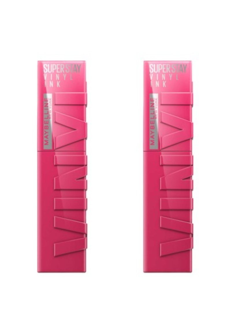 Deux tubes de produit à lèvres rose avec une finition brillante et une inscription en relief. Les étiquettes indiquent "Super Stay Vinyl Ink" et "Maybelline."