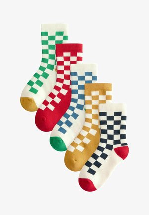 Cinq paires de chaussettes à motifs avec des designs en damier colorés. Les matériaux sont des tissus doux en vert, rouge, bleu, jaune et blanc.