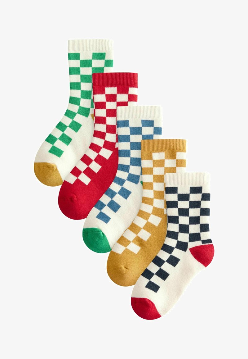 Fünf Paar gemusterte Socken mit bunten Schachbrettmustern. Die Materialien bestehen aus weichem Stoff in Grün, Rot, Blau, Gelb und Weiß.