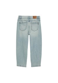 Hele sinised teksapüksid kõrge vöökohaga, kahe tagataskuga, vööaasadega ja pruun kaubamärgiga sildiga vöörihmale.