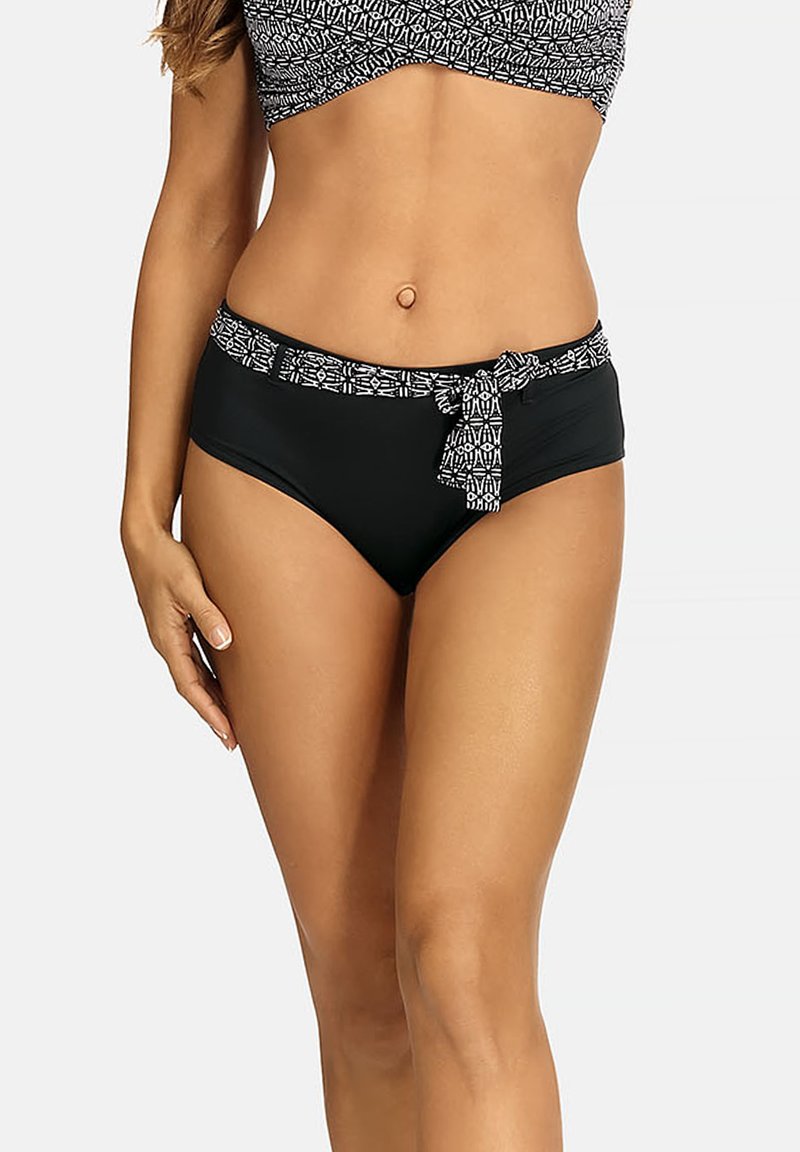 Czarne bikini dolne z wzorzystym paskiem w talii i detalem w postaci sznurka. Gładka faktura, średnie pokrycie i wysoki stan dla wygody.