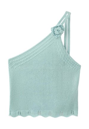 Crop top asymétrique tricoté bleu clair avec un petit détail fleur sur la bretelle et un ourlet festonné.