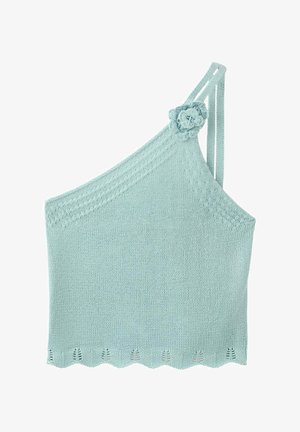 Crop top asymétrique tricoté bleu clair avec un petit détail fleur sur la bretelle et un ourlet festonné.