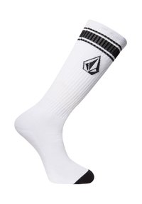 Witte kniekousen met zwarte accenten, voorzien van een geribbelde structuur en een contrasterende zwarte teen. Merklogo in het zwart weergegeven.