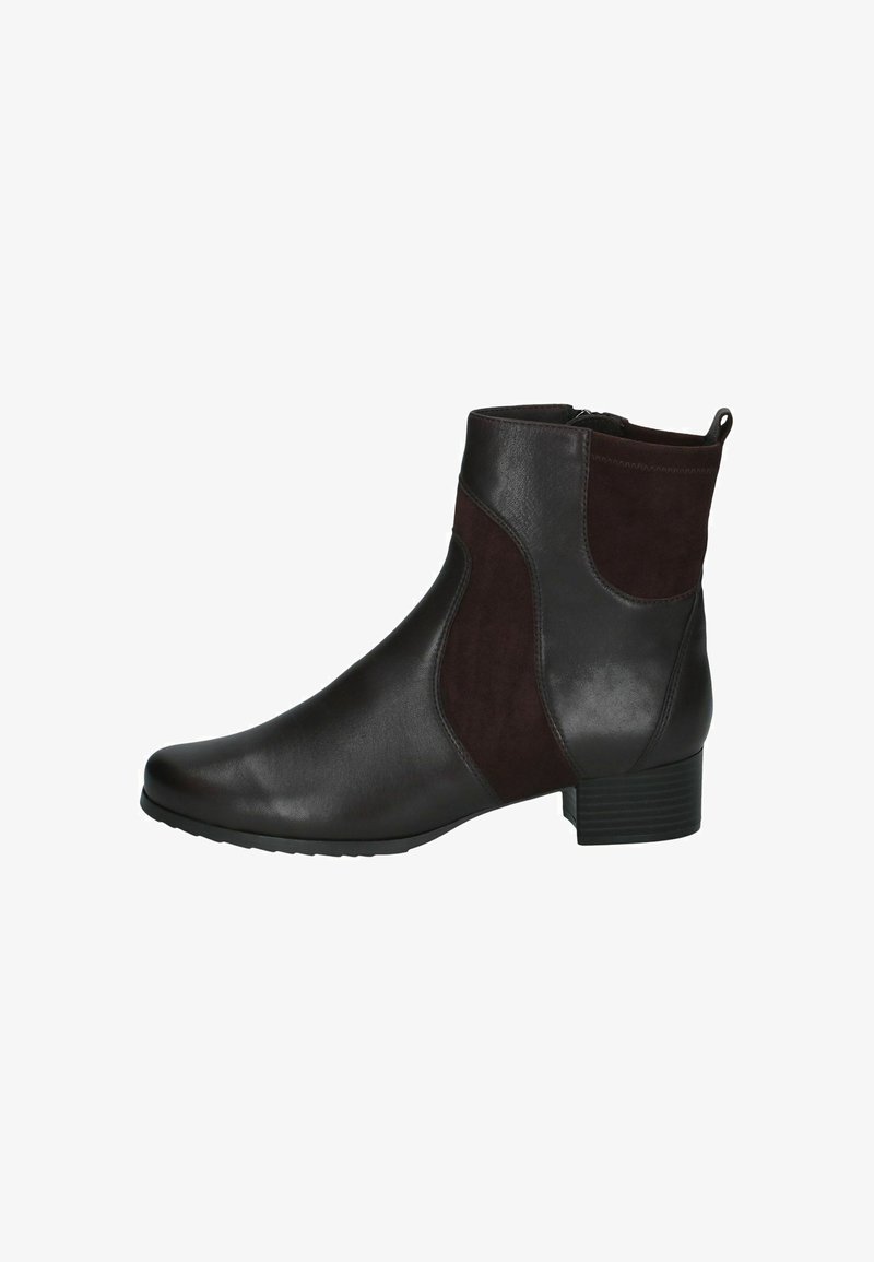 Bottine en cuir noir avec petit talon empilé, fermeture éclair latérale et détails en panneau suédé.
