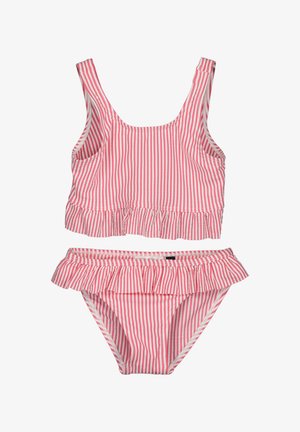 Gestreept roze tweedelig badpak met ruches aan de boven- en onderkant, voorzien van een ronde hals en verstelbare bandjes.