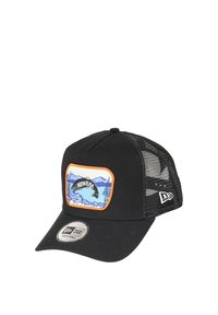 Black cap with a mesh back, featuring a front patch with a mountain design and the text "WENVERA." Adjustable strap at the rear.