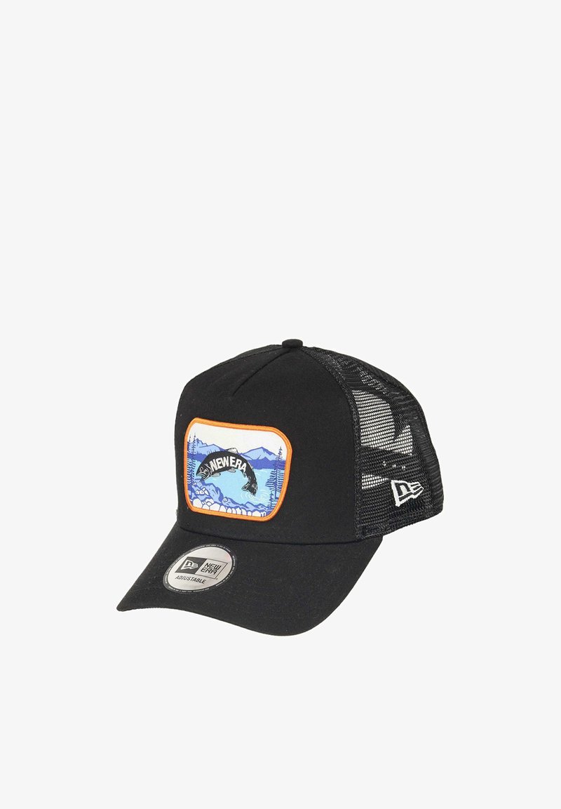 Black cap with a mesh back, featuring a front patch with a mountain design and the text "WENVERA." Adjustable strap at the rear.