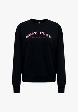 Czarna bluza z długim rękawem i okrągłym dekoltem z różowym napisem "ONLY PLAY" dużymi literami oraz "LIVE THE MOMENT" poniżej.