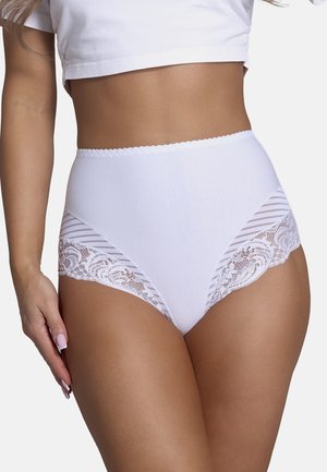 Hoog-getailleerde witte onderbroek met een gladde katoenen basis en kantaccenten, voorzien van gestreepte netpanelen aan de zijkanten en een golvende tailleband.