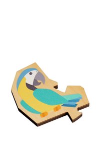 Wooden parrot puzzle piece, featuring blue and yellow colors, smooth finish, textured feathers, and a stylized design on a light wood base.