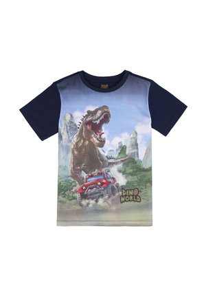 T-shirt with navy sleeves featuring a roaring T-Rex chasing a red off-road vehicle in a green, misty landscape. "Dino World" text on front.
