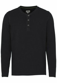 Schwarzes Langarm-Henley-Shirt aus strukturiertem Stoff mit drei Knöpfen am Ausschnitt und einem dezenten Logo auf der Brust.