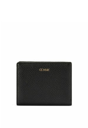 Czarny portfel z teksturowanej skóry z złotym logo "OCHNIK" umieszczonym na środku przodu, na jednolitym białym tle.