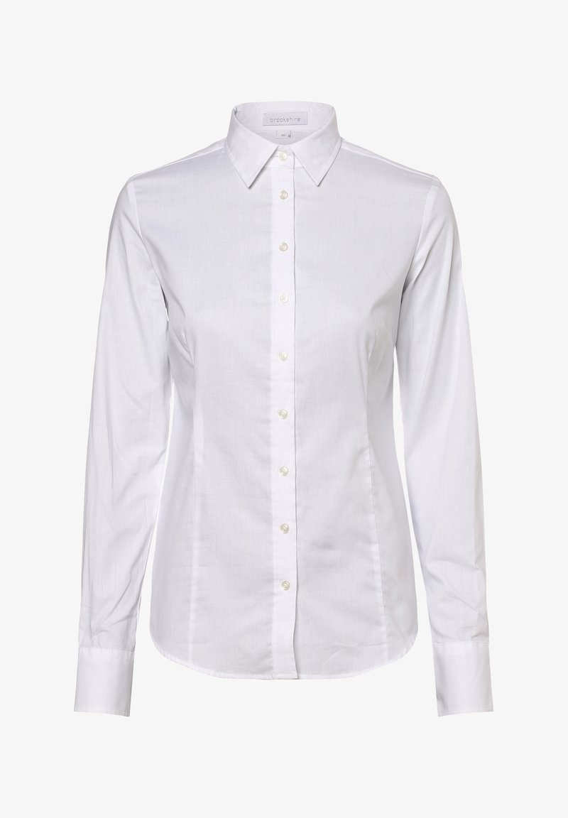 White long-sleeve shirt made of smooth cotton, featuring a classic collar, button front, and a tailored fit with buttoned cuffs.