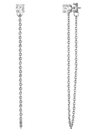 Pendientes colgantes de plata con una piedra clara redonda en la parte superior y una larga cadena de círculos de plata enlazados, creando un diseño alargado.